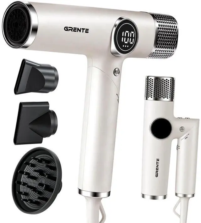 Main image of White Blow Dryer with Diffuser, Professional High-Speed Ionic Hair Dryer with Digital Temperature Display, Magnetic Diffuser & Concentrator, Lightweight & Low Noise for Home and Travel