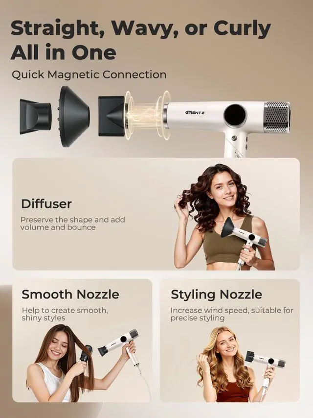 Alt view image 7 of 7 - White Blow Dryer with Diffuser, Professional High-Speed Ionic Hair Dryer with Digital Temperature Display, Magnetic Diffuser & Concentrator, Lightweight & Low Noise for Home and Travel