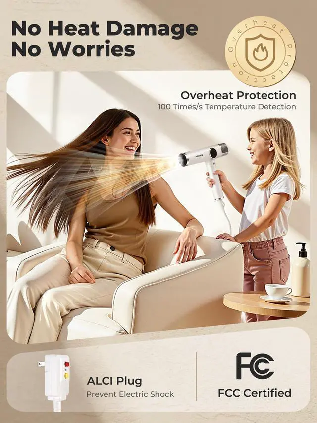 Alt view image 5 of 7 - White Blow Dryer with Diffuser, Professional High-Speed Ionic Hair Dryer with Digital Temperature Display, Magnetic Diffuser & Concentrator, Lightweight & Low Noise for Home and Travel