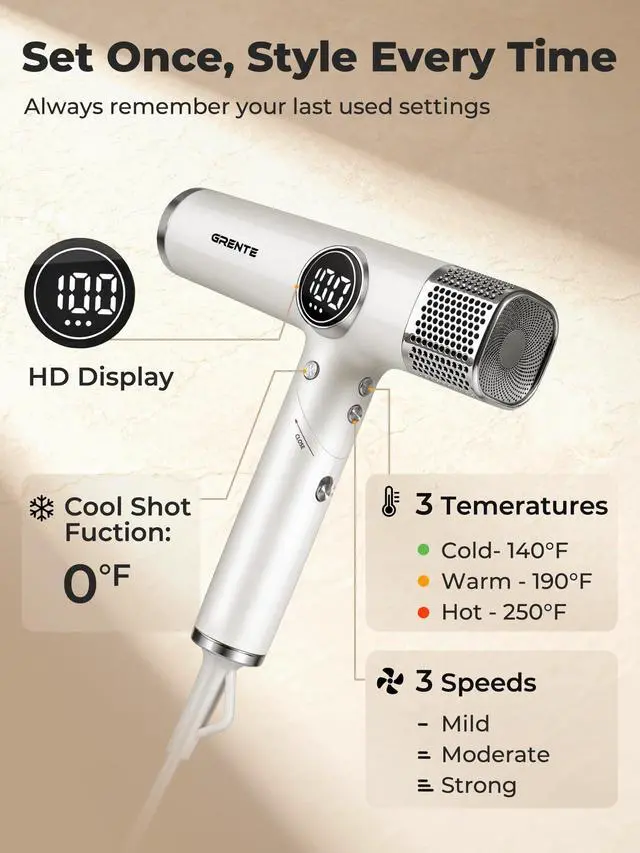 Alt view image 6 of 7 - White Blow Dryer with Diffuser, Professional High-Speed Ionic Hair Dryer with Digital Temperature Display, Magnetic Diffuser & Concentrator, Lightweight & Low Noise for Home and Travel