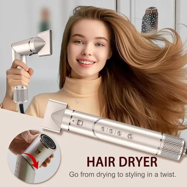 Alt view image 3 of 7 - 5 in 1 Blow Dryer Brush & Hot Air Styler110,000 RPM High-Speed Hair Dryer with Auto Wrap Curlers & Ionic Technology, Hot Air Brush Wrap Fast Drying, Curling/Volumizing/Straightening - Gold