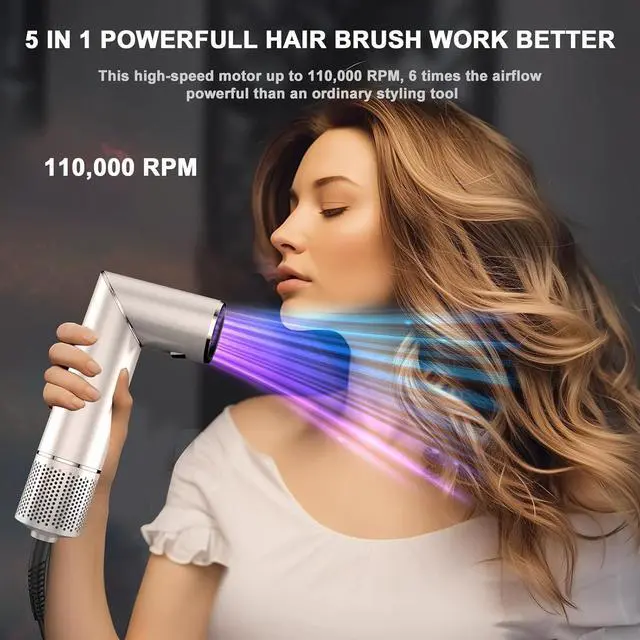 Alt view image 4 of 7 - 5 in 1 Blow Dryer Brush & Hot Air Styler110,000 RPM High-Speed Hair Dryer with Auto Wrap Curlers & Ionic Technology, Hot Air Brush Wrap Fast Drying, Curling/Volumizing/Straightening - Gold