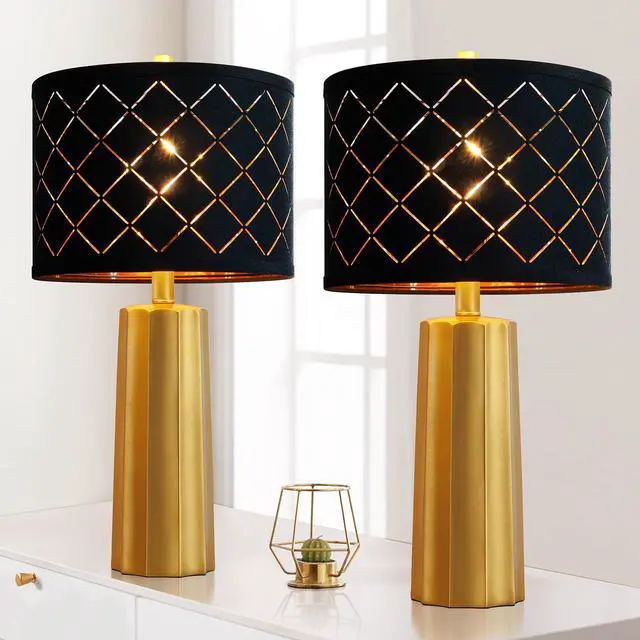 Main image of Set of 2 Modern Table Lamps for Living Room Bedroom, Gold Nightstand Resin Lamps with Black Grid Shade, Contemporary Desk Lamps for Bedside End Tables, 2 Bulbs Included (Gold)