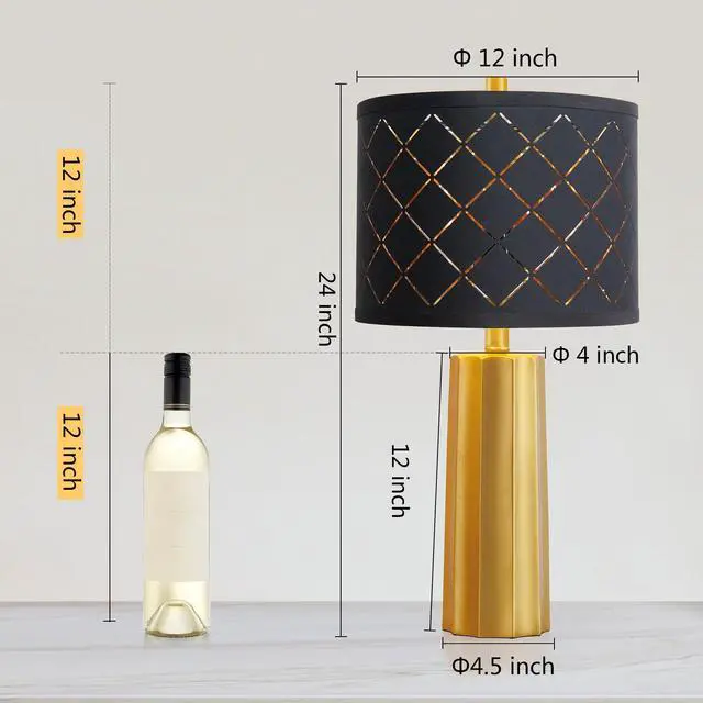 Alt view image 2 of 7 - Set of 2 Modern Table Lamps for Living Room Bedroom, Gold Nightstand Resin Lamps with Black Grid Shade, Contemporary Desk Lamps for Bedside End Tables, 2 Bulbs Included (Gold)