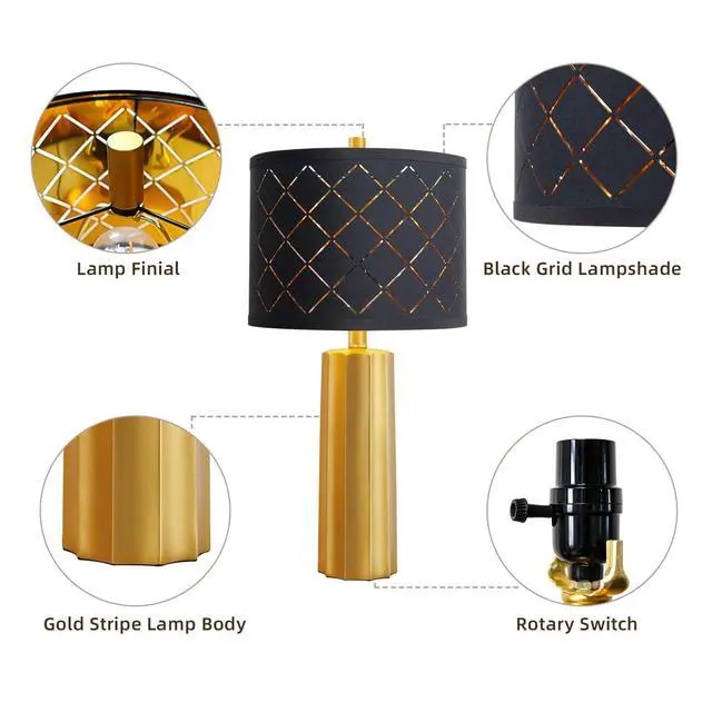 Alt view image 5 of 7 - Set of 2 Modern Table Lamps for Living Room Bedroom, Gold Nightstand Resin Lamps with Black Grid Shade, Contemporary Desk Lamps for Bedside End Tables, 2 Bulbs Included (Gold)