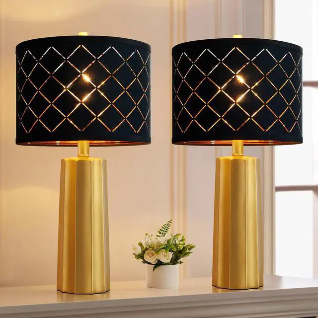 Alt view image 7 of 7 - Set of 2 Modern Table Lamps for Living Room Bedroom, Gold Nightstand Resin Lamps with Black Grid Shade, Contemporary Desk Lamps for Bedside End Tables, 2 Bulbs Included (Gold)