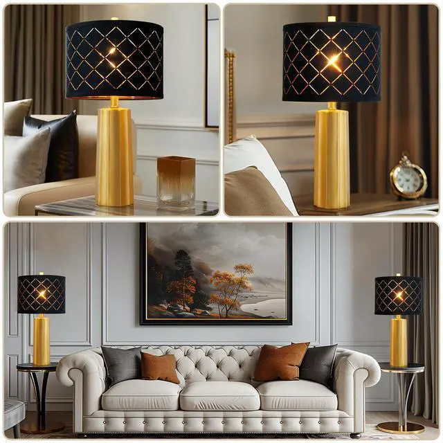 Alt view image 6 of 7 - Set of 2 Modern Table Lamps for Living Room Bedroom, Gold Nightstand Resin Lamps with Black Grid Shade, Contemporary Desk Lamps for Bedside End Tables, 2 Bulbs Included (Gold)