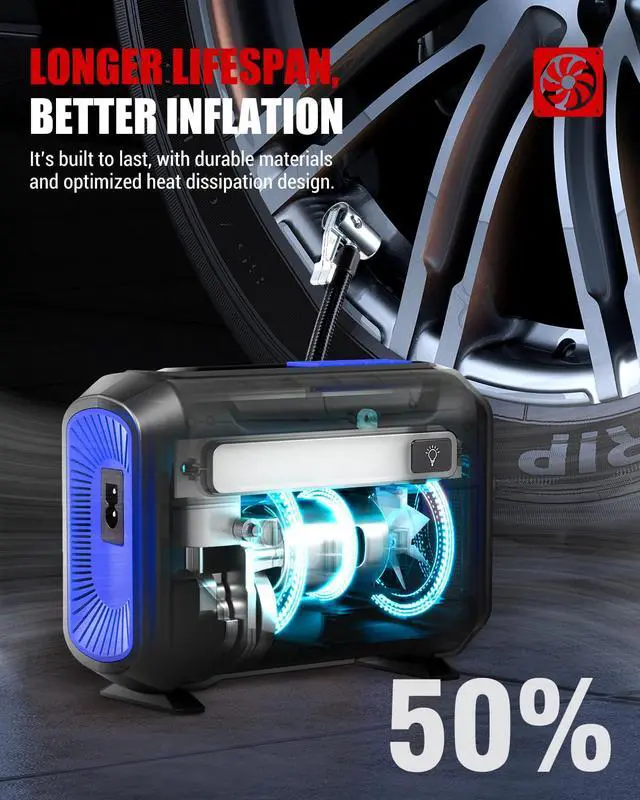 Alt view image 5 of 7 - R8 Tire Inflator Portable Air Compressor, DC 12V Air Compressor Portable with Large Dual Digital Screen, 3X Faster Inflation Air Pump for Car, Bike, Ball, Motor (Blue)