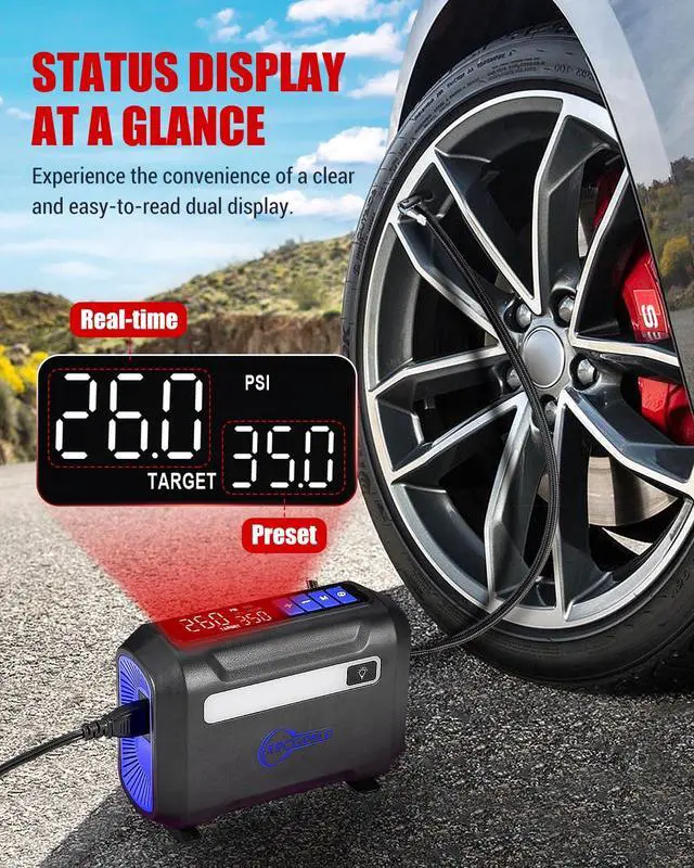 Alt view image 3 of 7 - R8 Tire Inflator Portable Air Compressor, DC 12V Air Compressor Portable with Large Dual Digital Screen, 3X Faster Inflation Air Pump for Car, Bike, Ball, Motor (Blue)
