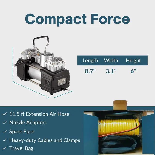 Alt view image 3 of 6 - 12V Air Compressor - Portable & Compact Tire Pump, 150 PSI Heavy-Duty Double Cylinder Tire Inflator with LED Flashlight, Ideal for SUVs, Off-Road, Trailer, Truck, Bike, Air Bed