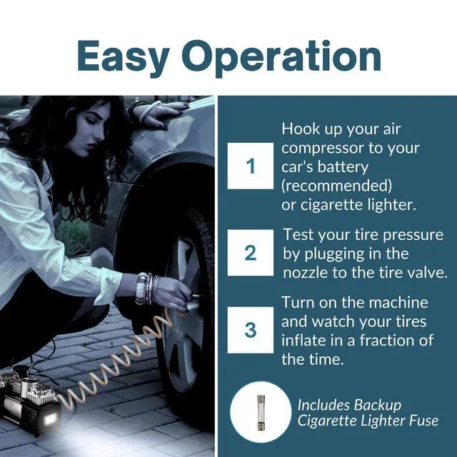 Alt view image 6 of 6 - 12V Air Compressor - Portable & Compact Tire Pump, 150 PSI Heavy-Duty Double Cylinder Tire Inflator with LED Flashlight, Ideal for SUVs, Off-Road, Trailer, Truck, Bike, Air Bed