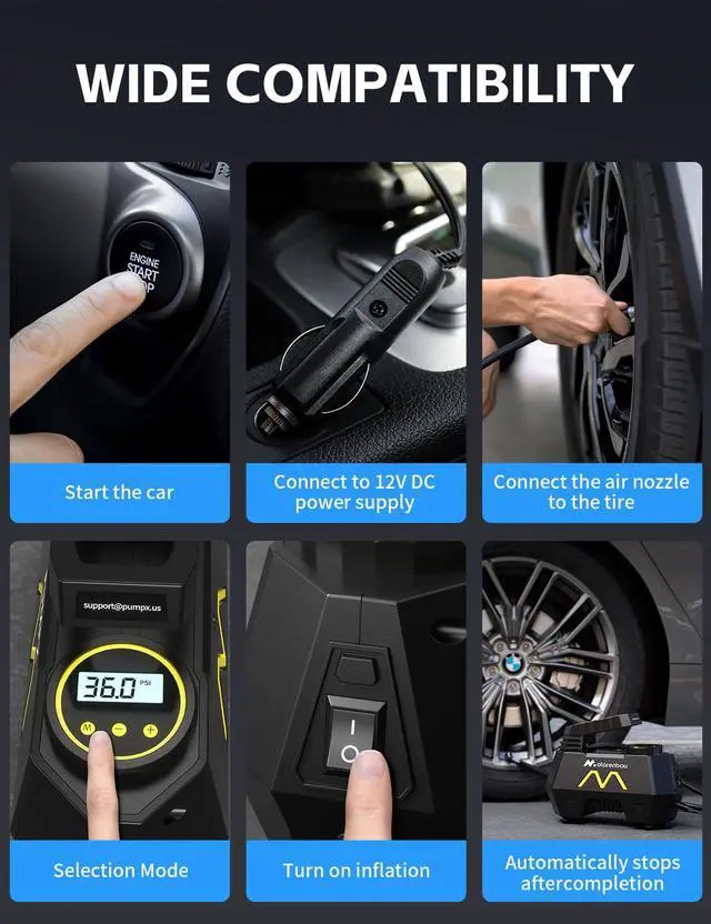 Alt view image 6 of 7 - Tire Inflator Portable Air Compressor, 150PSI Tire Air Pump for Car Tires, Car Accessories, Auto Pump 12V DC with Digital Pressure Gauge and LED Light for Motorcycle, Bicycle, Ball-Blue