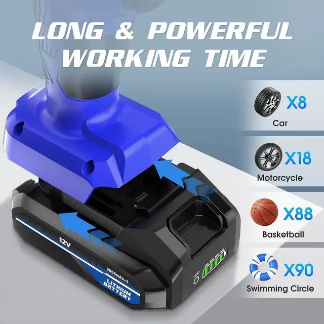 Alt view image 3 of 7 - Tire Inflator Portable Air Compressor, 150PSI Cordless Tire Pump with DC 12V/Battery Dual Power Supplies, Portable Handheld Air Pump, Digital Pressure Gauge for Car Tires, Bicycles, Balls, Blue