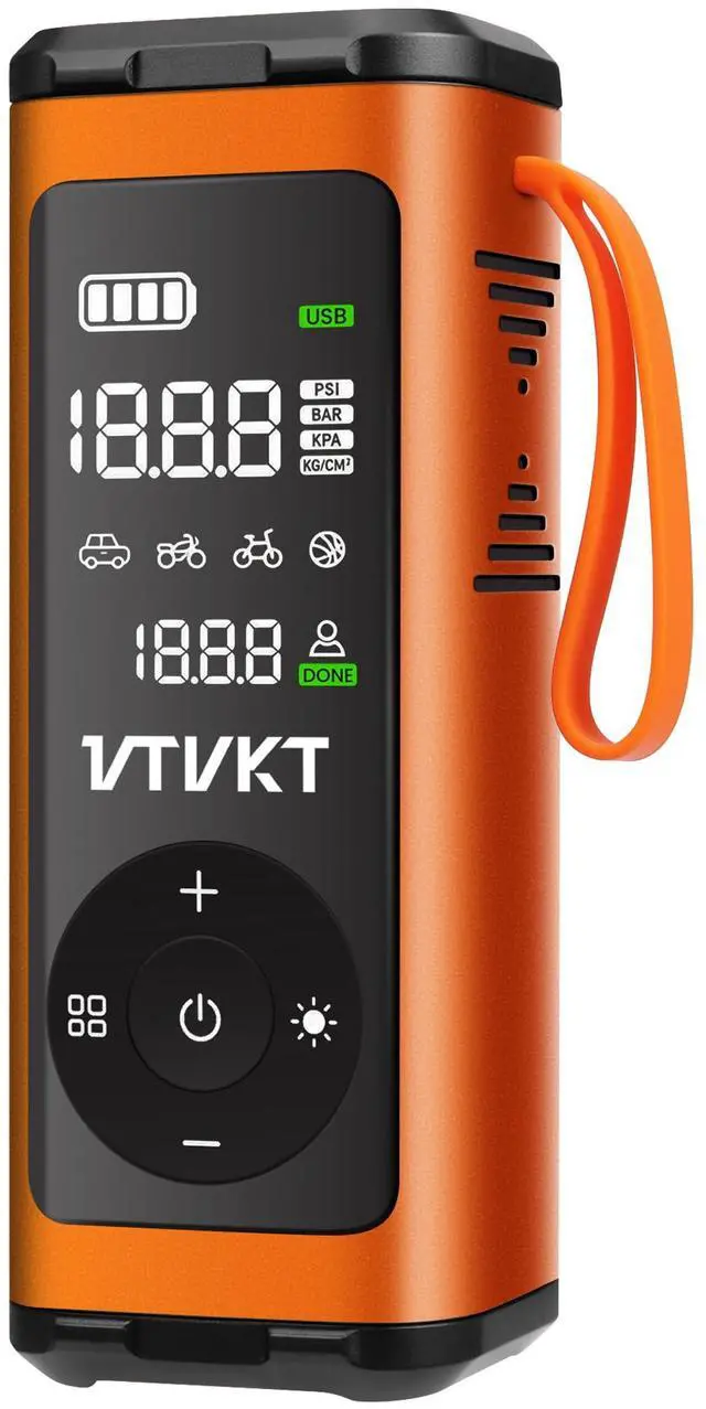 Main image of Tire Inflator Portable Air Compressor, Powerful 12000mAh Aluminium Alloy Cordless Air Pump with LED Light and Power Bank, 150PSI Tire Inflator for SUV, Sedan, Motorcycle, Bike, Ball, Orange