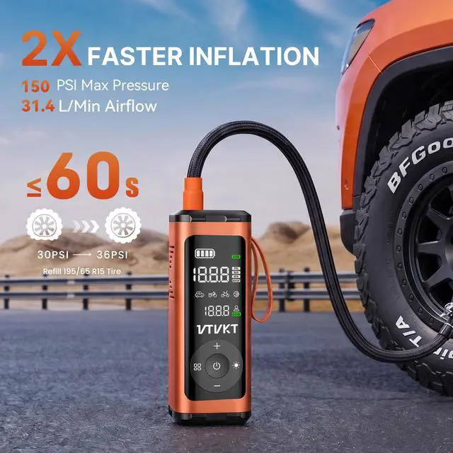 Alt view image 2 of 7 - Tire Inflator Portable Air Compressor, Powerful 12000mAh Aluminium Alloy Cordless Air Pump with LED Light and Power Bank, 150PSI Tire Inflator for SUV, Sedan, Motorcycle, Bike, Ball, Orange