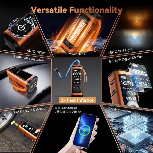 Alt view image 3 of 7 - Tire Inflator Portable Air Compressor, Powerful 12000mAh Aluminium Alloy Cordless Air Pump with LED Light and Power Bank, 150PSI Tire Inflator for SUV, Sedan, Motorcycle, Bike, Ball, Orange
