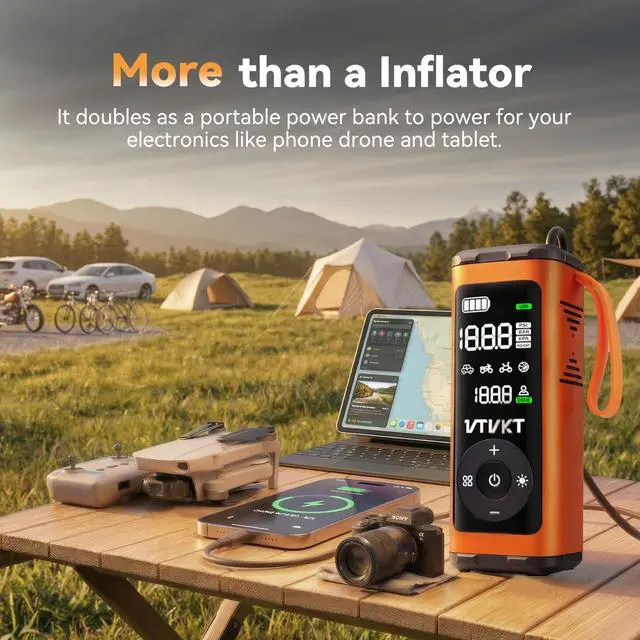 Alt view image 5 of 7 - Tire Inflator Portable Air Compressor, Powerful 12000mAh Aluminium Alloy Cordless Air Pump with LED Light and Power Bank, 150PSI Tire Inflator for SUV, Sedan, Motorcycle, Bike, Ball, Orange