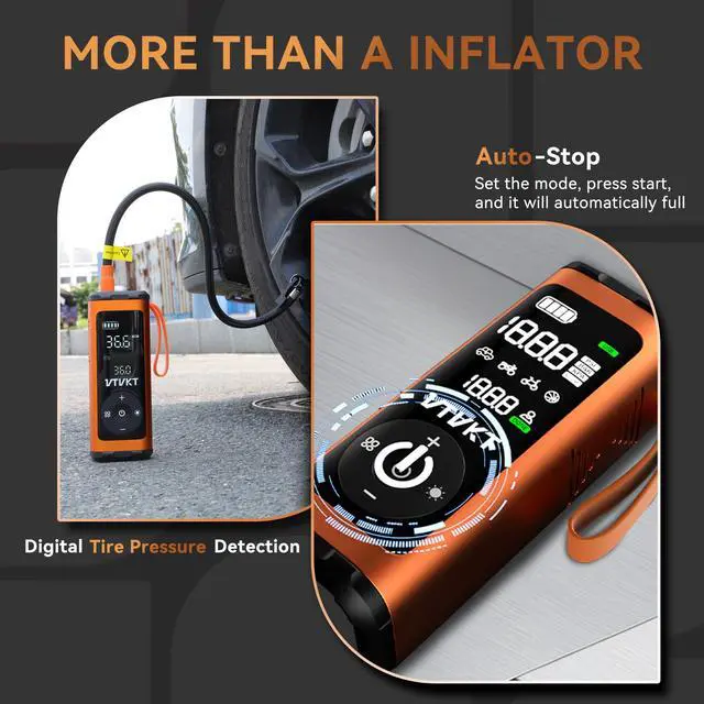 Alt view image 6 of 7 - Tire Inflator Portable Air Compressor, Powerful 12000mAh Aluminium Alloy Cordless Air Pump with LED Light and Power Bank, 150PSI Tire Inflator for SUV, Sedan, Motorcycle, Bike, Ball, Orange