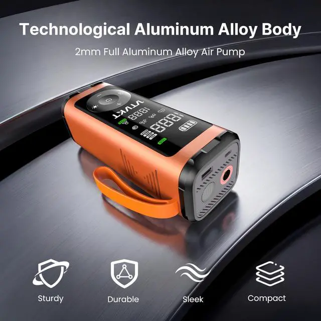 Alt view image 7 of 7 - Tire Inflator Portable Air Compressor, Powerful 12000mAh Aluminium Alloy Cordless Air Pump with LED Light and Power Bank, 150PSI Tire Inflator for SUV, Sedan, Motorcycle, Bike, Ball, Orange
