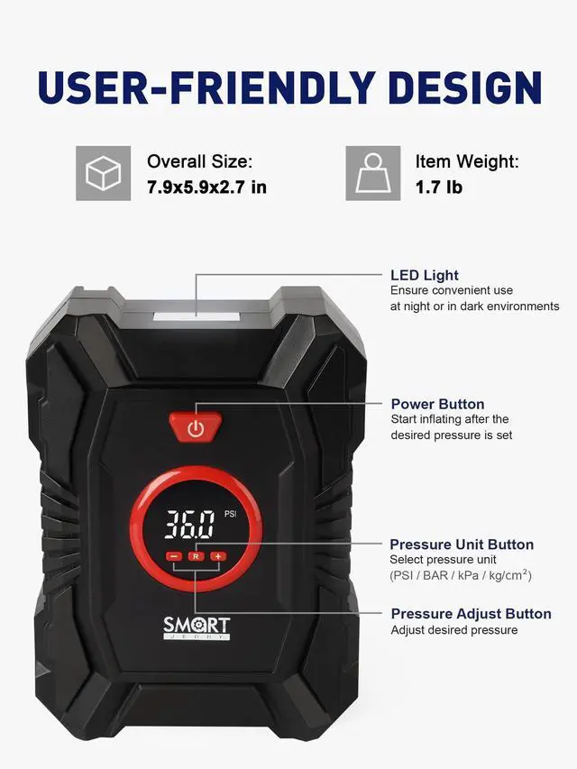 Alt view image 2 of 7 - Portable Tire Inflator for Car, 12V Air Compressor, Max 100 PSI