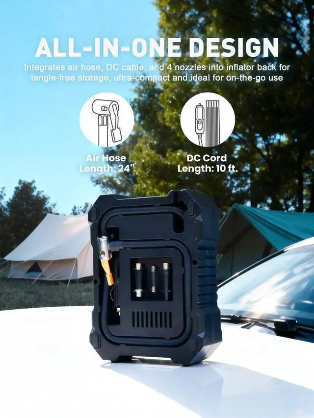 Alt view image 3 of 7 - Portable Tire Inflator for Car, 12V Air Compressor, Max 100 PSI