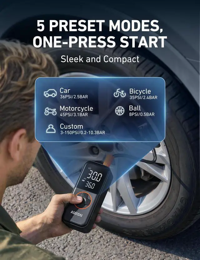 Alt view image 6 of 7 - L4 Cordless Tire Inflator Portable Air Compressor, 150PSI Portable Air Pump for Car Tires, Battery Electric Tire Pump with Pressure Gauge, Ultra-Fast Inflation for Cars,Motorcycles,Bikes,Balls
