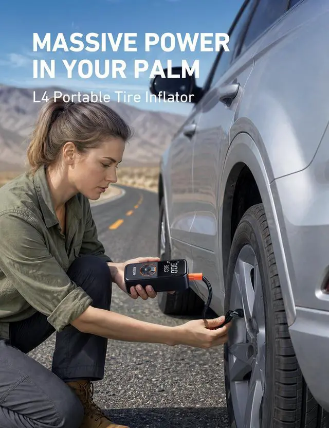 Alt view image 7 of 7 - L4 Cordless Tire Inflator Portable Air Compressor, 150PSI Portable Air Pump for Car Tires, Battery Electric Tire Pump with Pressure Gauge, Ultra-Fast Inflation for Cars,Motorcycles,Bikes,Balls
