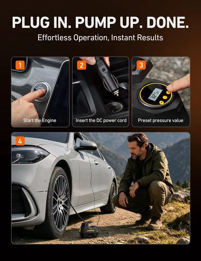 Alt view image 6 of 7 - AIRUN H1 Tire Inflator Portable Air Compressor,Fast Inflation Electric Air Pump for Car Tires-Car Accessory,9.8Ft Cord-12VDC-Powered Auto Shut-Off with Digital Pressure Gauge,LED Light,Yellow