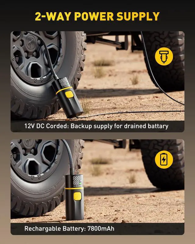 Alt view image 4 of 7 - AS1 PRO Tire Inflator Portable Air Compressor - 150PSI Dual Cylinder 7800 mAh & 12V DC, Bike Pump Air Pump for SUV, Truck, Bike, Motorcycle with Digital Tire Pressure Gauge, Car Gifts for Men