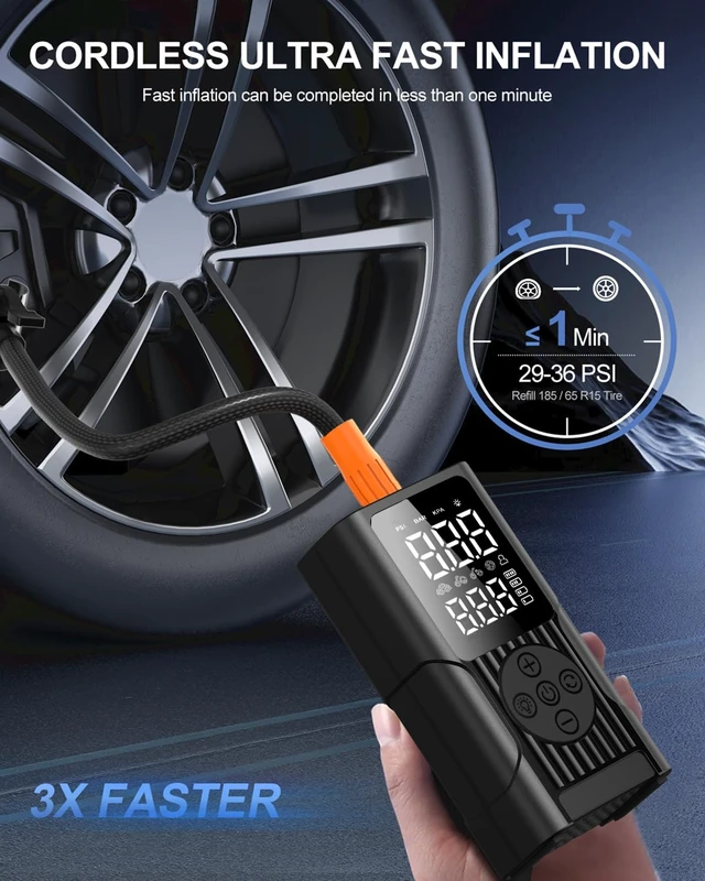 Alt view image 3 of 7 - Wheel Simulators Tire Inflator Portable Air Compressor - 3X Faster Electric Tire Inflator for Car Tires, 150PSI Cordless Air Pump with Digital Gauge & Auto Shut Off, LED Light
