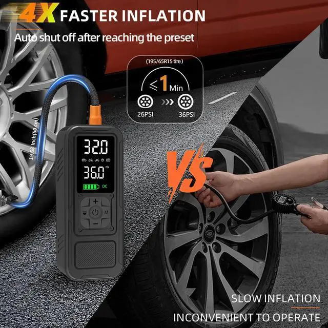Alt view image 2 of 7 - Y34 Tire Inflator Portable Air Compressor,4X Faster Inflation,6000mAh Cordless/12V DC 150PSI Air Pump with Digital Pressure Gauge for Car,Motorcycle,Bike,Ball Gifts for Men