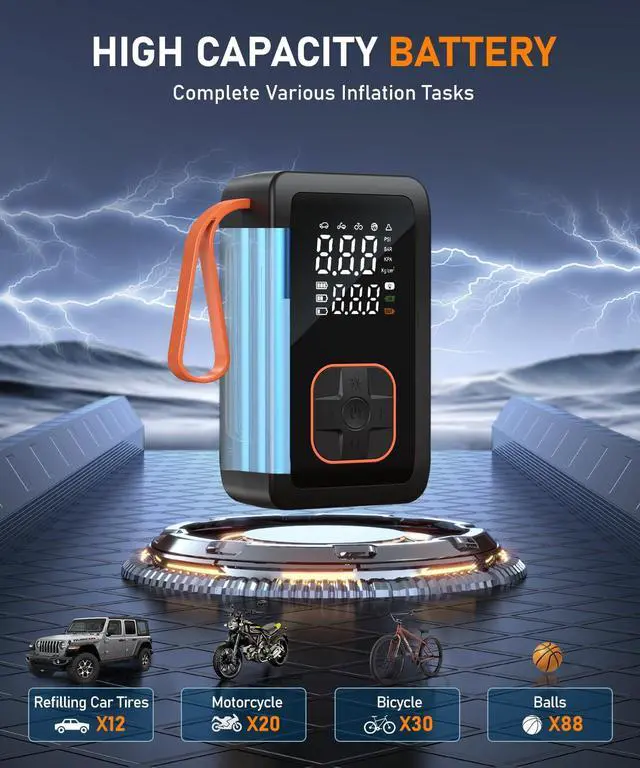 Alt view image 4 of 7 - Tire Inflator Portable Air Compressor, 150PSI Cordless Air Pump with Cigarette Lighter Plug, Air Compressor with Digital Pressure Gauge for Car, Motorcycle, Bicycle, Balls(Black)