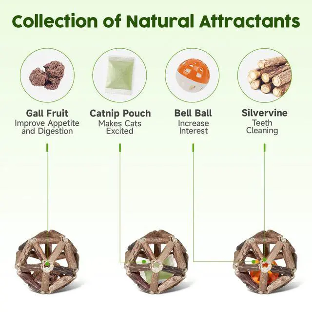 Alt view image 2 of 6 - Catnip Toys, 3Pcs Cat Toys Natural Silvervine Stick Cage Balls & Bell Ball for Indoor Cats, Kitten Cleaning Teeth Molar Matatabi Cat Chew Toy All Breeds