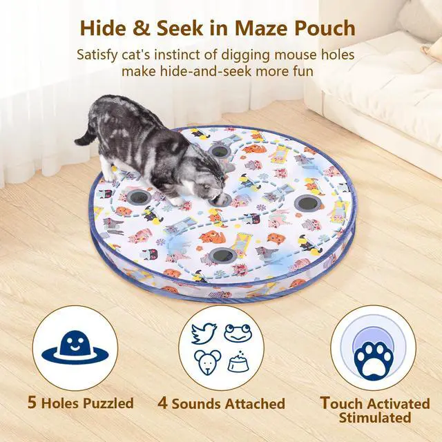 Alt view image 3 of 6 - Interactive Cat Toys Ball, Automatic Fast Rolling Ball in Pouch, Hide and Seek for Indoor Cats, Motion Chirping Activated Moving Toy, 5 Holes Mat Mouse Catching Game