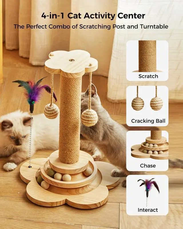 Alt view image 2 of 7 - Cat Scratching Post for Kittens, 4 in 1 Wooden Cat Scratcher Toy, 17.7" Tall Scratch Post with 2 Level Cat Track Balls, Interactive Feather Toy and 2 Sisal Hanging Balls for Indoor Kittens