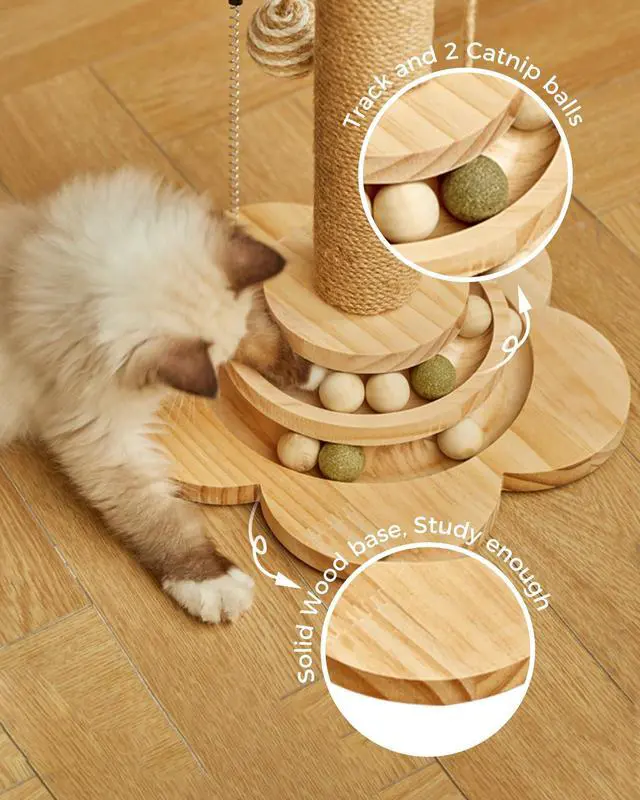 Alt view image 3 of 7 - Cat Scratching Post for Kittens, 4 in 1 Wooden Cat Scratcher Toy, 17.7" Tall Scratch Post with 2 Level Cat Track Balls, Interactive Feather Toy and 2 Sisal Hanging Balls for Indoor Kittens