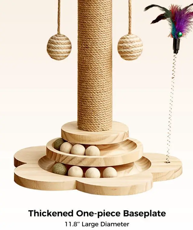 Alt view image 4 of 7 - Cat Scratching Post for Kittens, 4 in 1 Wooden Cat Scratcher Toy, 17.7" Tall Scratch Post with 2 Level Cat Track Balls, Interactive Feather Toy and 2 Sisal Hanging Balls for Indoor Kittens