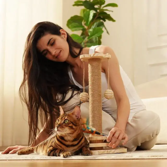 Alt view image 5 of 7 - Cat Scratching Post for Kittens, 4 in 1 Wooden Cat Scratcher Toy, 17.7" Tall Scratch Post with 2 Level Cat Track Balls, Interactive Feather Toy and 2 Sisal Hanging Balls for Indoor Kittens