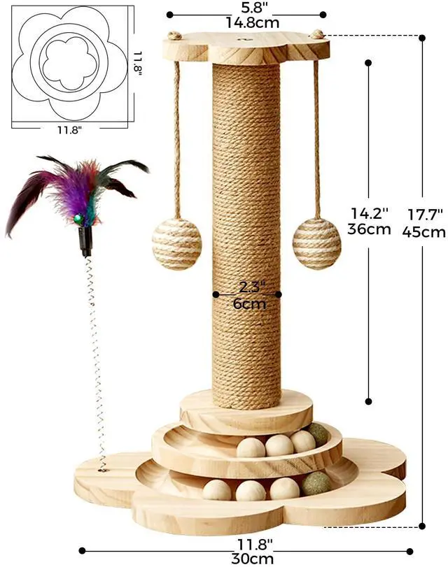 Alt view image 6 of 7 - Cat Scratching Post for Kittens, 4 in 1 Wooden Cat Scratcher Toy, 17.7" Tall Scratch Post with 2 Level Cat Track Balls, Interactive Feather Toy and 2 Sisal Hanging Balls for Indoor Kittens