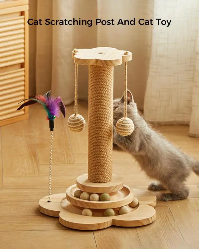 Alt view image 7 of 7 - Cat Scratching Post for Kittens, 4 in 1 Wooden Cat Scratcher Toy, 17.7" Tall Scratch Post with 2 Level Cat Track Balls, Interactive Feather Toy and 2 Sisal Hanging Balls for Indoor Kittens