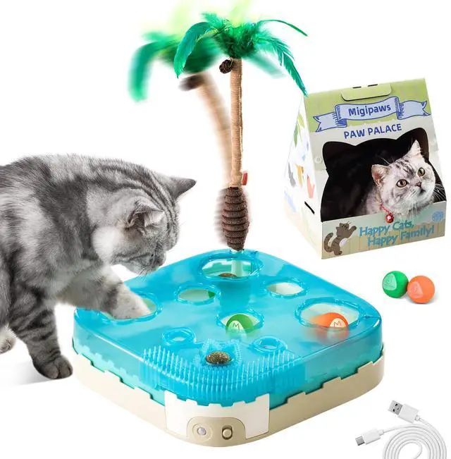 Main image of 7-in-1 Interactive Cat Toy Motion Activated Indoor Playset with Automatic Pop Bounce Cat Ball, Feather Palm Tree Wand, Catnip Ball & Self-Grooming Cardboard House Rechargeable
