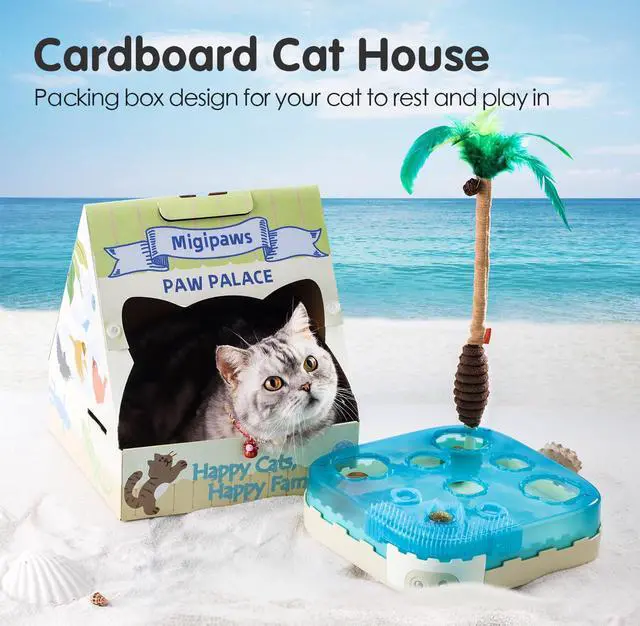 Alt view image 5 of 7 - 7-in-1 Interactive Cat Toy Motion Activated Indoor Playset with Automatic Pop Bounce Cat Ball, Feather Palm Tree Wand, Catnip Ball & Self-Grooming Cardboard House Rechargeable
