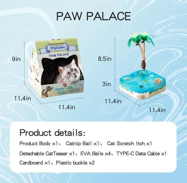 Alt view image 7 of 7 - 7-in-1 Interactive Cat Toy Motion Activated Indoor Playset with Automatic Pop Bounce Cat Ball, Feather Palm Tree Wand, Catnip Ball & Self-Grooming Cardboard House Rechargeable
