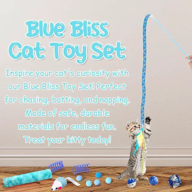 Alt view image 2 of 6 - 24 Pcs Cat Toys Set Interactive Kitten Toys Pack Including Collapsible Play Tunnel Feather Teaser Wand Fuzzy Ball Springs Pillow Mouse Bells for Indoor Cats Puppy(Blue,Classic)