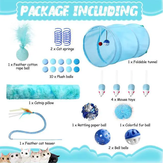 Alt view image 3 of 6 - 24 Pcs Cat Toys Set Interactive Kitten Toys Pack Including Collapsible Play Tunnel Feather Teaser Wand Fuzzy Ball Springs Pillow Mouse Bells for Indoor Cats Puppy(Blue,Classic)