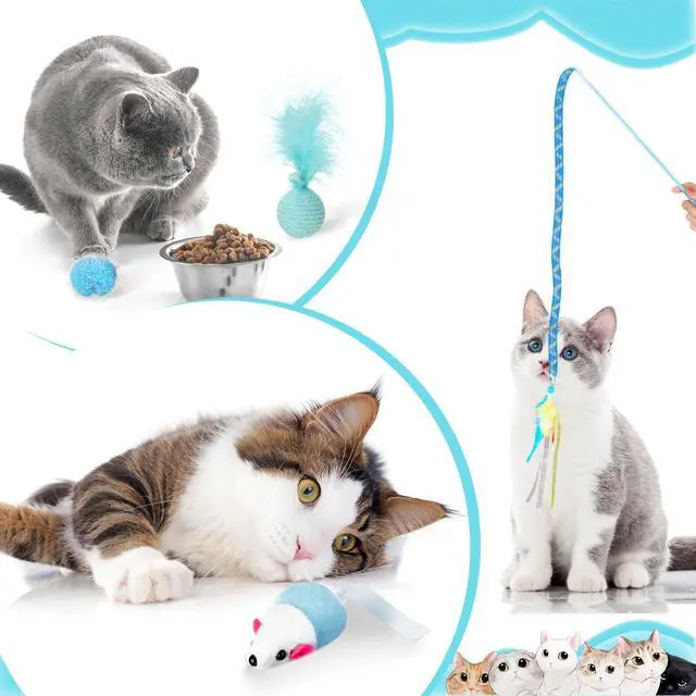 Alt view image 5 of 6 - 24 Pcs Cat Toys Set Interactive Kitten Toys Pack Including Collapsible Play Tunnel Feather Teaser Wand Fuzzy Ball Springs Pillow Mouse Bells for Indoor Cats Puppy(Blue,Classic)