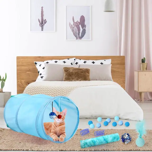 Alt view image 4 of 6 - 24 Pcs Cat Toys Set Interactive Kitten Toys Pack Including Collapsible Play Tunnel Feather Teaser Wand Fuzzy Ball Springs Pillow Mouse Bells for Indoor Cats Puppy(Blue,Classic)