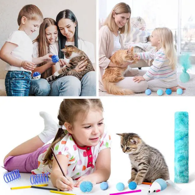 Alt view image 6 of 6 - 24 Pcs Cat Toys Set Interactive Kitten Toys Pack Including Collapsible Play Tunnel Feather Teaser Wand Fuzzy Ball Springs Pillow Mouse Bells for Indoor Cats Puppy(Blue,Classic)