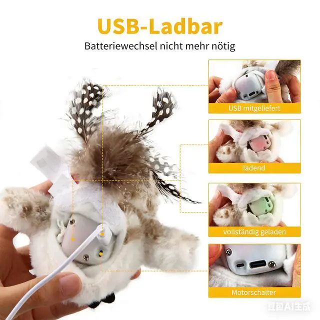 Alt view image 5 of 6 - Interactive Cat Toys for Indoor Cats, Flapping and Chirping Catnip Toys for Cat Exercise, Automatic Cat Toy with Beating Wings & Real Feather Tail, Rechargeable Cat Kicker Toy Prince