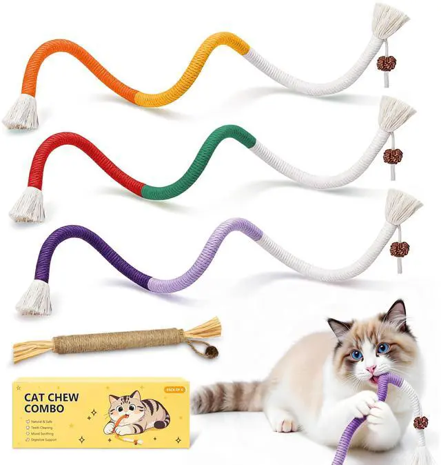 Main image of Interactive Cat Toys for Indoor Cats, 3 Chew Ropes 1 Silvervine Stick